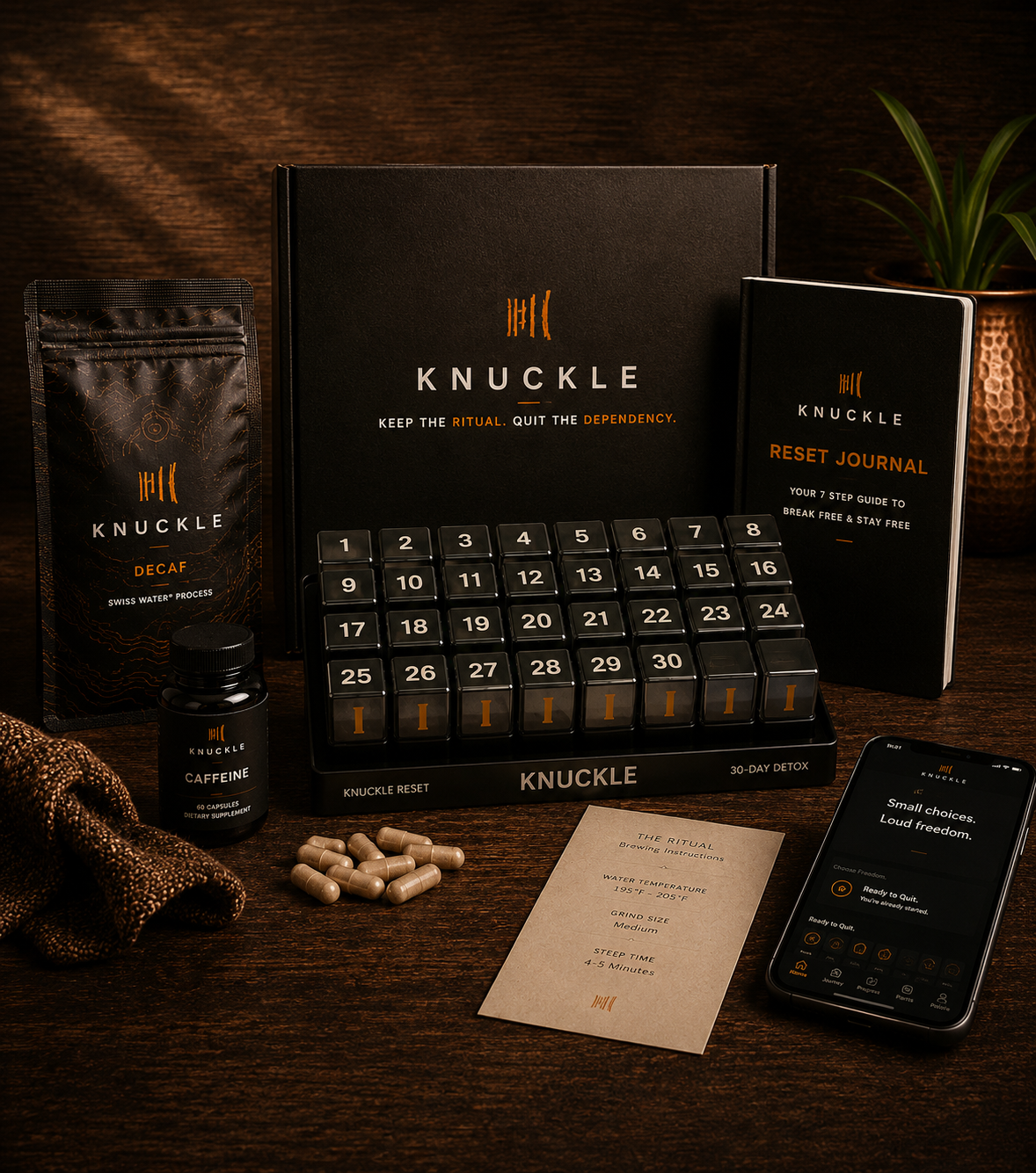 The Knuckle Reset Kit on a wooden surface in early morning light