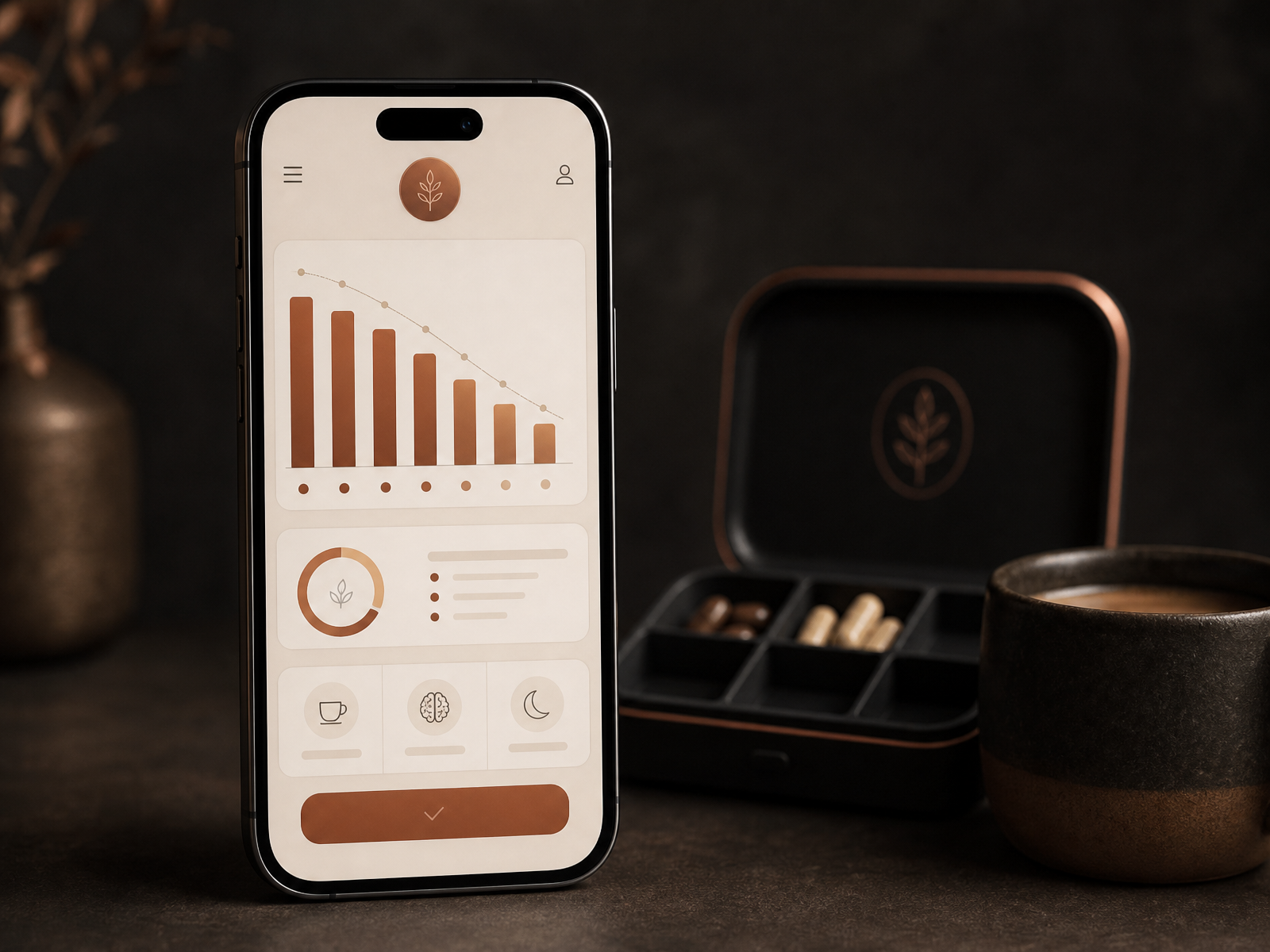 The Knuckle app taper dashboard on a phone, with the Reset Kit and a coffee mug softly out of focus behind it